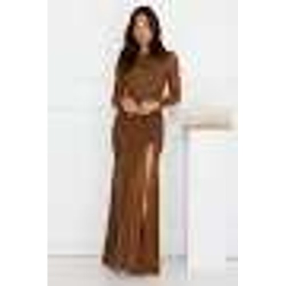 Runaway The Label Maxi Dress Womens XS Coco Brown Mesh Ruched Slit Boho Dress